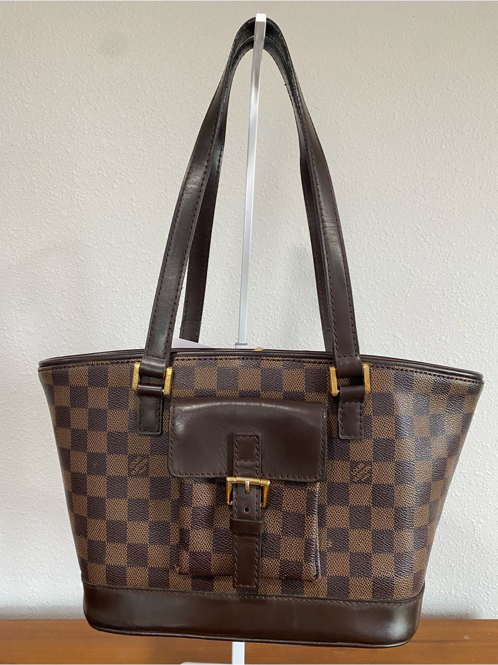 Brown Checkered Leather Tote Bag with Gold Hardware